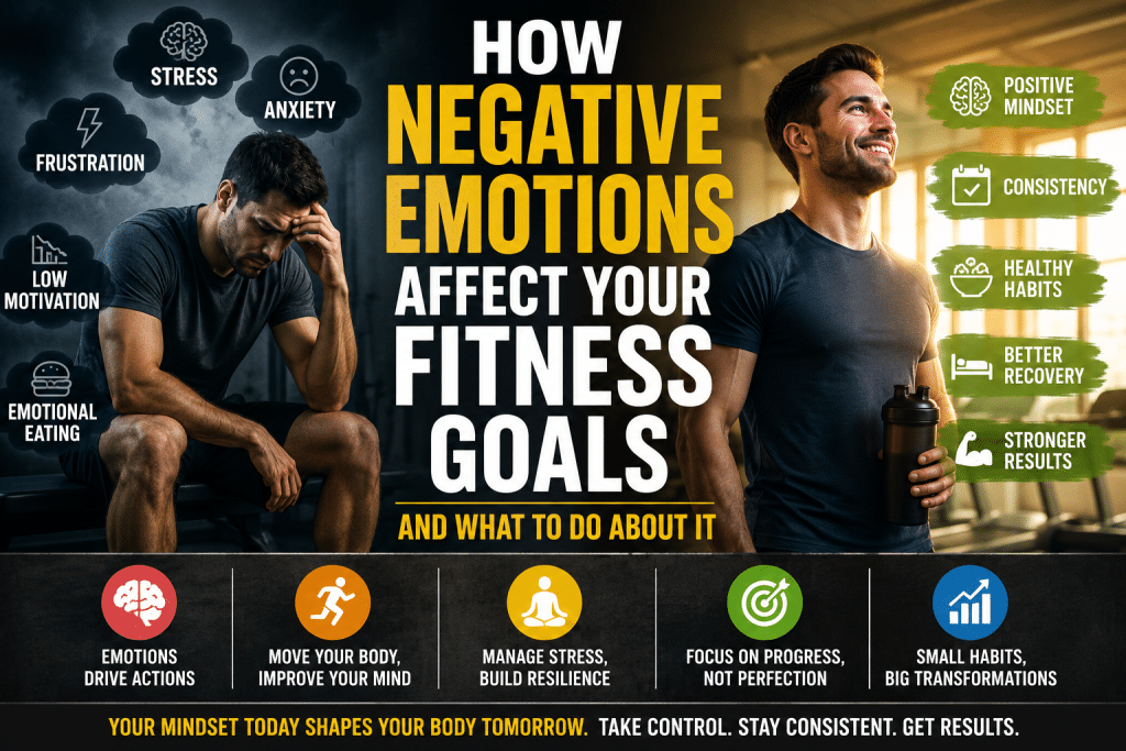 Split-image fitness graphic showing a stressed man sitting in a dark gym beside a confident athlete in a bright gym, illustrating how negative emotions like stress, anxiety, emotional eating, and low motivation affect fitness goals and how positive habits improve results.