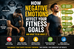 Split-image fitness graphic showing a stressed man sitting in a dark gym beside a confident athlete in a bright gym, illustrating how negative emotions like stress, anxiety, emotional eating, and low motivation affect fitness goals and how positive habits improve results.