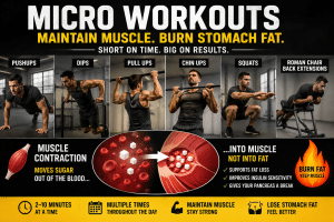 Micro workouts for maintaining muscle and burning stomach fat with pushups, pull-ups, dips, squats, and back extensions.