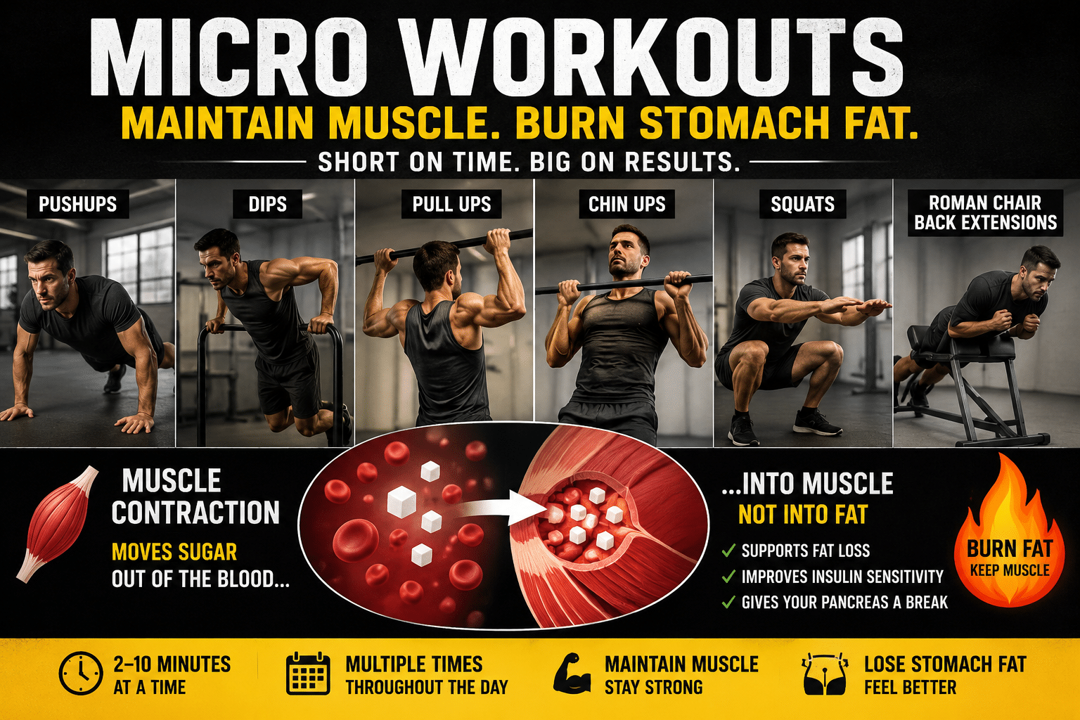 Micro workouts for maintaining muscle and burning stomach fat with pushups, pull-ups, dips, squats, and back extensions.