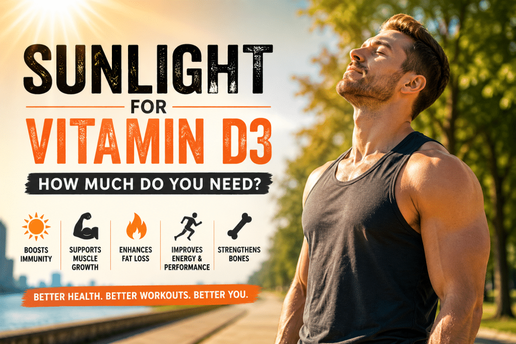 Muscular man standing outdoors in bright sunlight with infographic text explaining how sunlight helps produce vitamin D3 for muscle growth, fat loss, energy, immunity, and bone health.