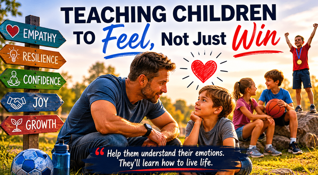 A father kneels and speaks with his young son in a sunny park while other children play in the background, illustrating the importance of teaching children to feel emotions, build resilience, develop empathy, and grow in confidence rather than focusing only on winning competitions.