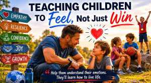 A father kneels and speaks with his young son in a sunny park while other children play in the background, illustrating the importance of teaching children to feel emotions, build resilience, develop empathy, and grow in confidence rather than focusing only on winning competitions.