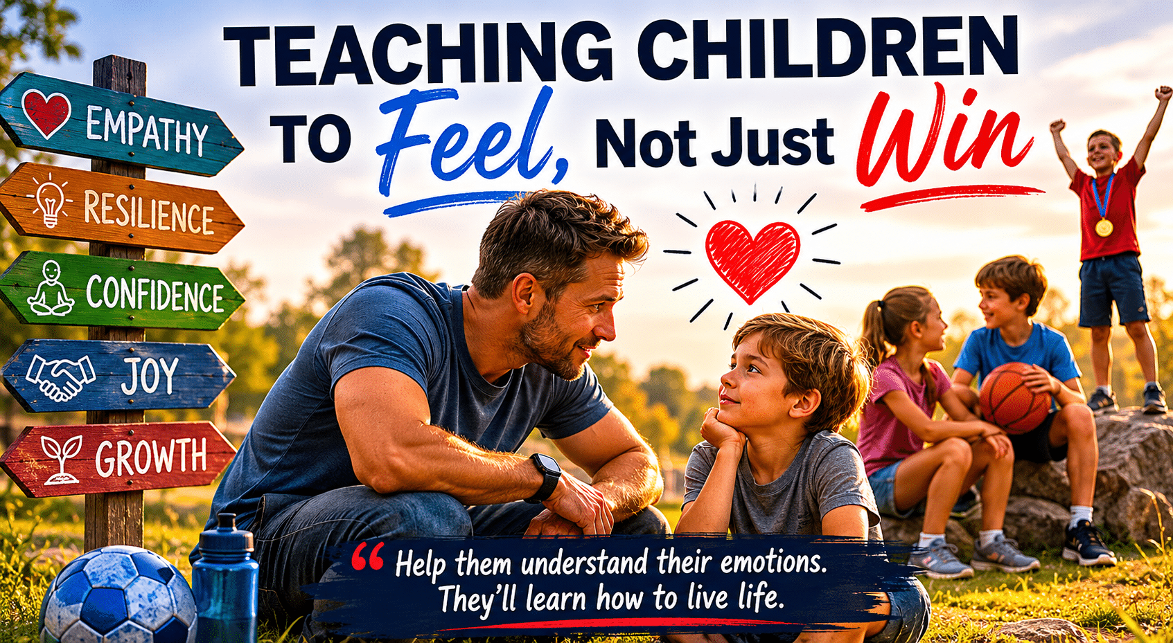 A father kneels and speaks with his young son in a sunny park while other children play in the background, illustrating the importance of teaching children to feel emotions, build resilience, develop empathy, and grow in confidence rather than focusing only on winning competitions.