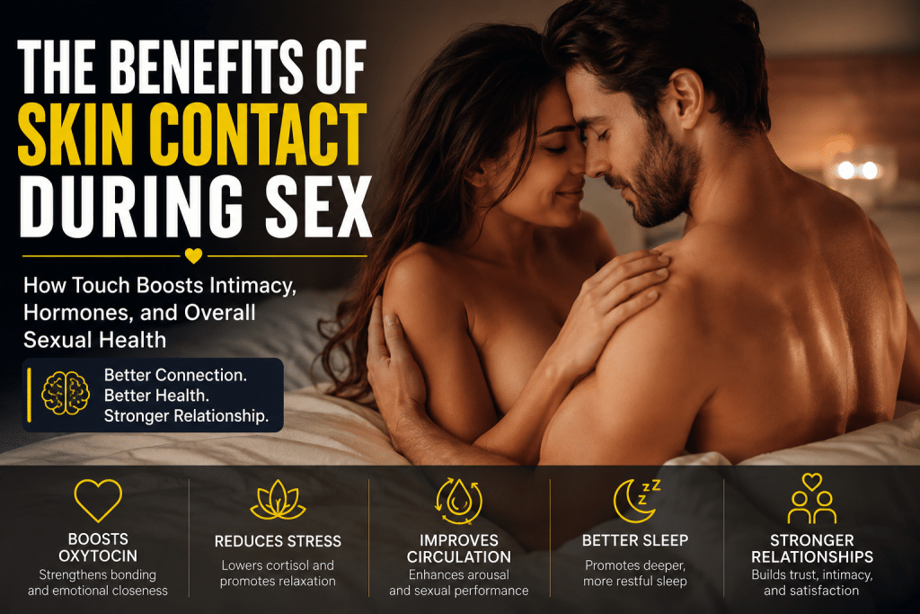 Romantic couple embracing in bed with skin-to-skin contact, highlighting the health benefits of intimacy, including improved hormones, reduced stress, better sleep, stronger relationships, and enhanced sexual wellness.