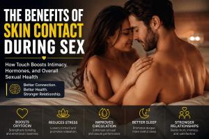 Romantic couple embracing in bed with skin-to-skin contact, highlighting the health benefits of intimacy, including improved hormones, reduced stress, better sleep, stronger relationships, and enhanced sexual wellness.