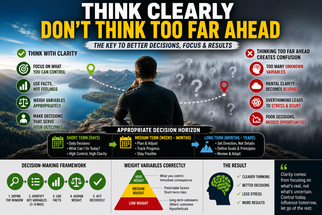 mental clarity decision making infographic showing person overlooking clear landscape versus foggy future, highlighting decision horizon, variable weighting, and using facts over feelings for better choices