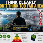 mental clarity decision making infographic showing person overlooking clear landscape versus foggy future, highlighting decision horizon, variable weighting, and using facts over feelings for better choices