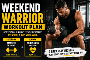 Muscular man performing dumbbell curls in a gym beside bold text promoting a weekend warrior workout plan for busy professionals, featuring Saturday strength training and Sunday conditioning workouts for building muscle and burning fat.