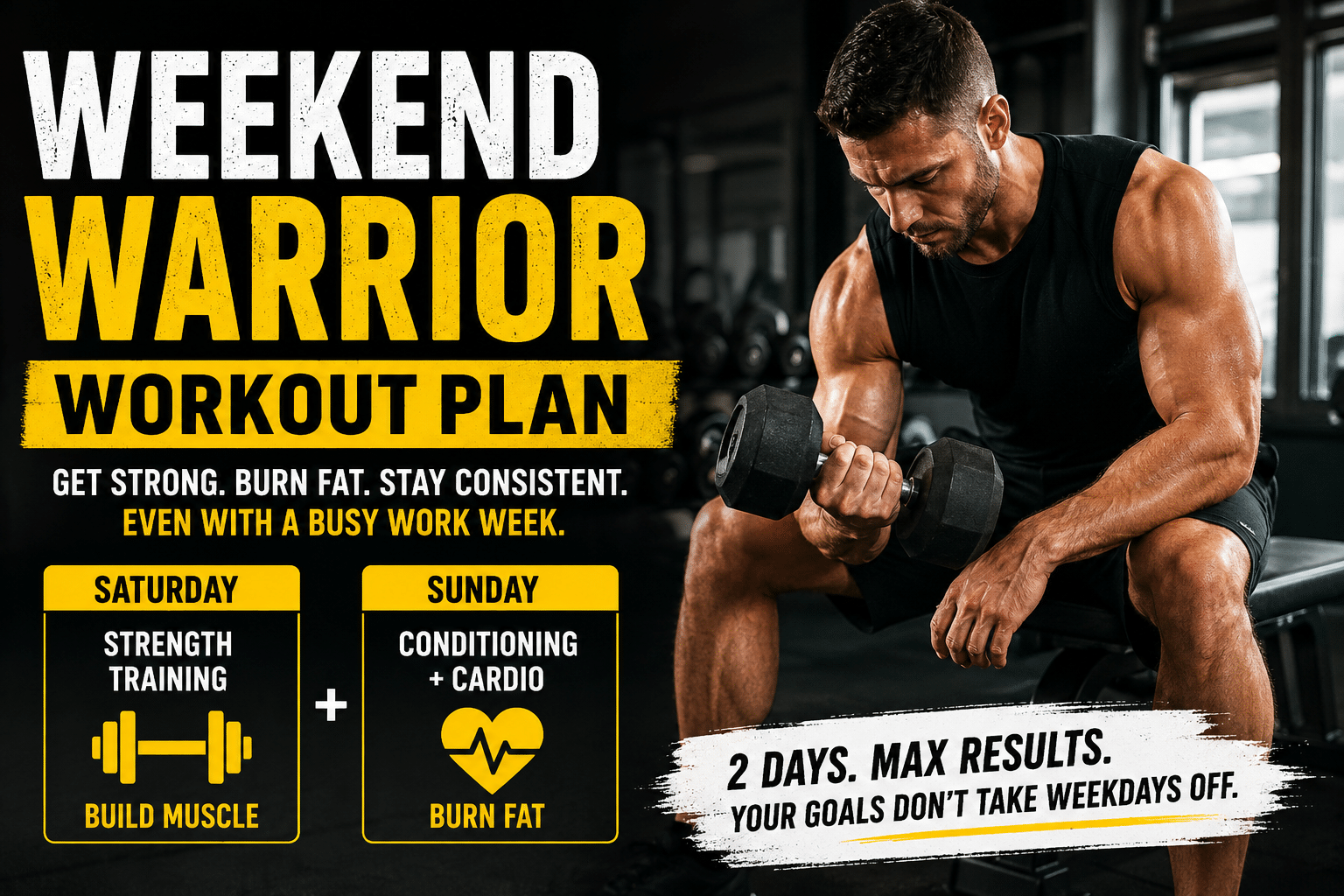 Muscular man performing dumbbell curls in a gym beside bold text promoting a weekend warrior workout plan for busy professionals, featuring Saturday strength training and Sunday conditioning workouts for building muscle and burning fat.