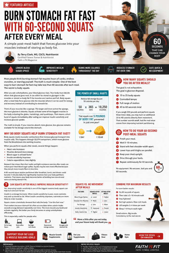 Featured fitness article infographic titled “Burn Stomach Fat Fast With 60-Second Squats After Every Meal” showing a man performing bodyweight squats in a modern home. The infographic explains how post-meal squats help force glucose into muscles instead of storing as stomach fat, improve insulin sensitivity, reduce blood sugar spikes, and support fat loss. Includes workout instructions, calorie math graphics, comparison charts, and fitness tips with FaithnFit branding.