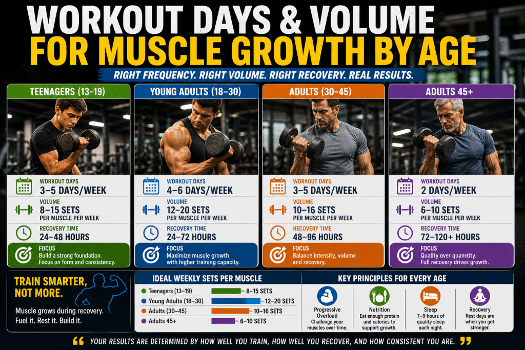 workout days muscle growth infographic showing training frequency and volume by age groups, including teenagers, young adults, adults, and adults over 45 with recovery times and weekly workout recommendations