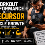 Muscular man performing a heavy dumbbell curl in the gym beside motivational text explaining how workout performance improvements lead to muscle growth through progressive overload, recovery, and consistent training.
