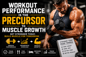 Muscular man performing a heavy dumbbell curl in the gym beside motivational text explaining how workout performance improvements lead to muscle growth through progressive overload, recovery, and consistent training.