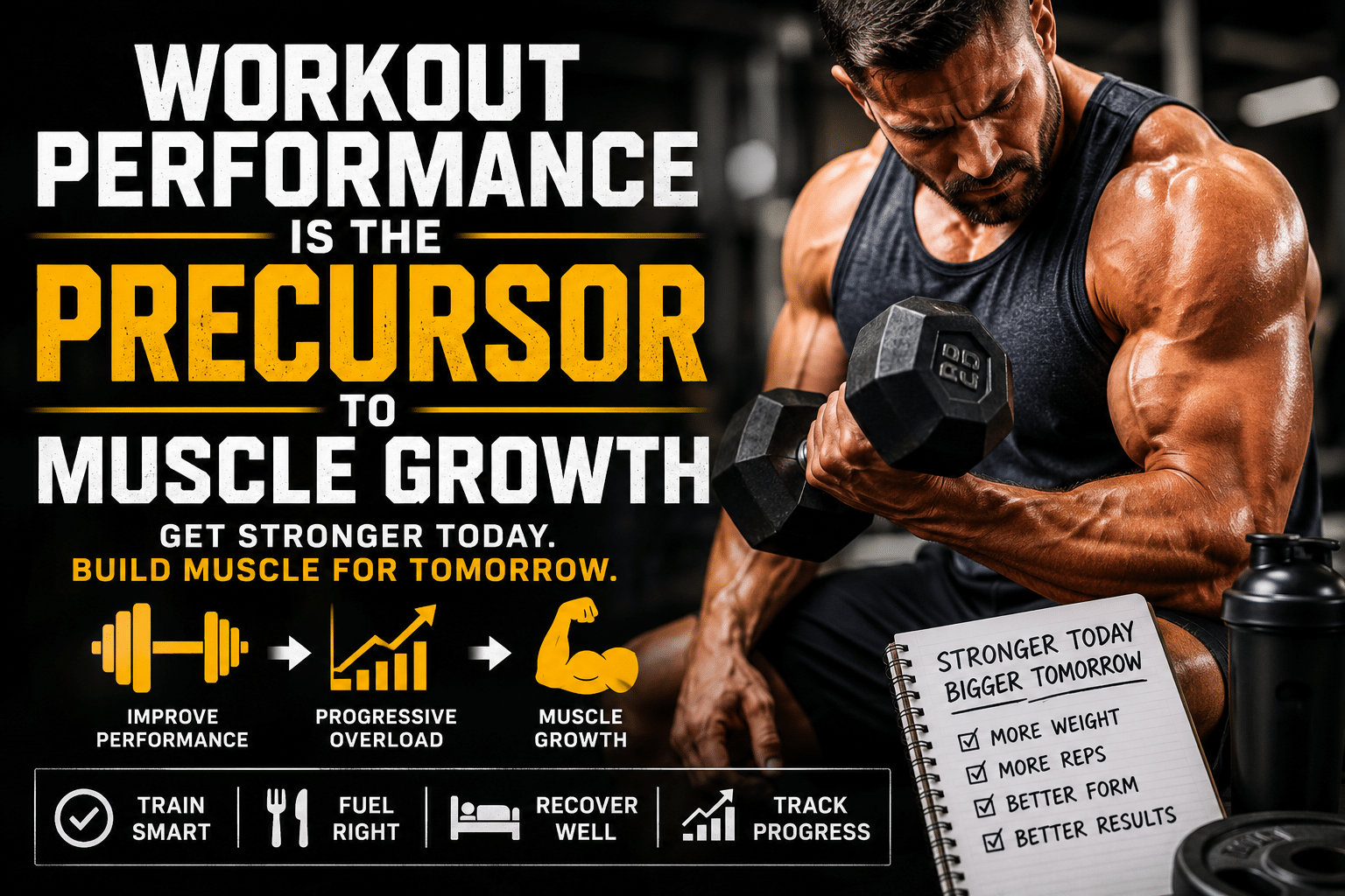Muscular man performing a heavy dumbbell curl in the gym beside motivational text explaining how workout performance improvements lead to muscle growth through progressive overload, recovery, and consistent training.