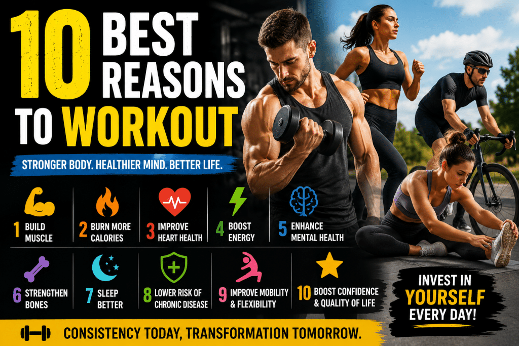 10 best reasons to workout featuring people lifting weights, running, cycling, and stretching to build muscle, improve heart health, increase energy, and boost overall fitness.