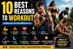 10 best reasons to workout featuring people lifting weights, running, cycling, and stretching to build muscle, improve heart health, increase energy, and boost overall fitness.