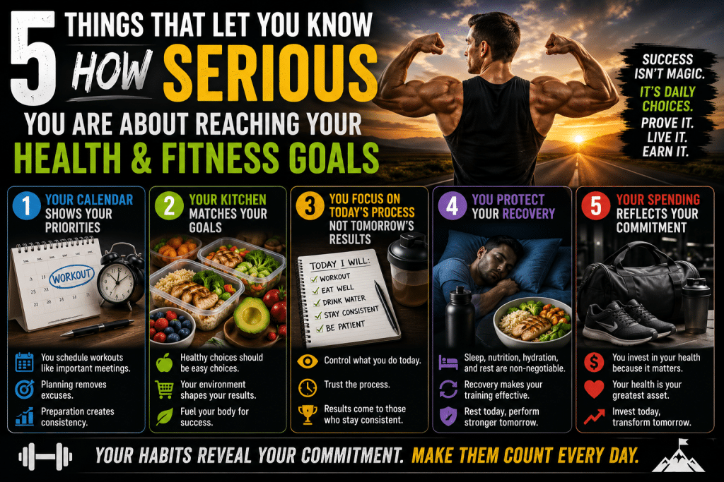 Five signs you are serious about your health and fitness goals featuring workout planning, healthy meal prep, daily habits, recovery, and investing in long-term health and fitness success.