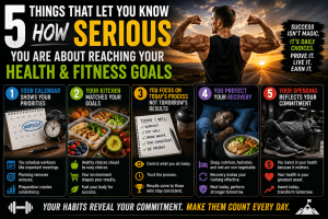 Five signs you are serious about your health and fitness goals featuring workout planning, healthy meal prep, daily habits, recovery, and investing in long-term health and fitness success.