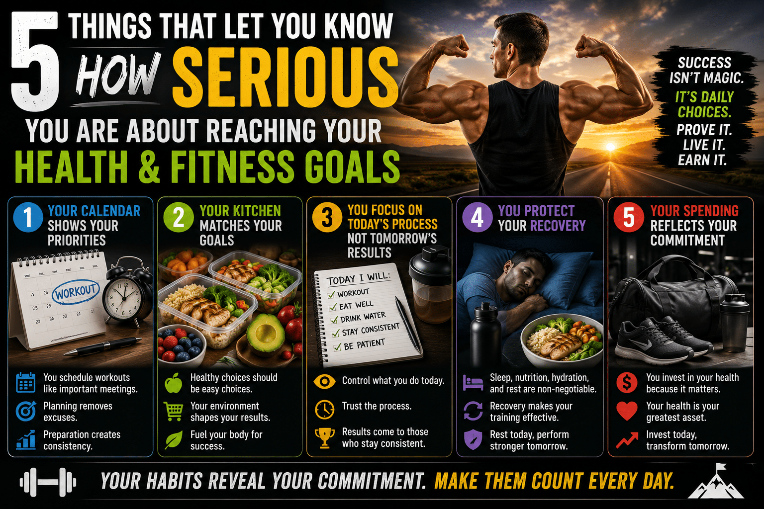 Five signs you are serious about your health and fitness goals featuring workout planning, healthy meal prep, daily habits, recovery, and investing in long-term health and fitness success.