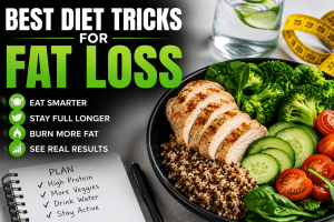 Healthy fat loss meal featuring grilled chicken breast, quinoa, broccoli, cucumbers, and tomatoes alongside water, a measuring tape, and a diet planning notebook with the headline 'Best Diet Tricks for Fat Loss.