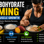 Bodybuilder eating a high-carbohydrate meal with rice, oats, fruit, and lean protein illustrating carbohydrate timing for muscle growth before and after workouts.