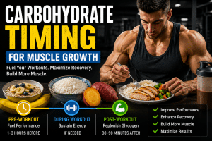Bodybuilder eating a high-carbohydrate meal with rice, oats, fruit, and lean protein illustrating carbohydrate timing for muscle growth before and after workouts.