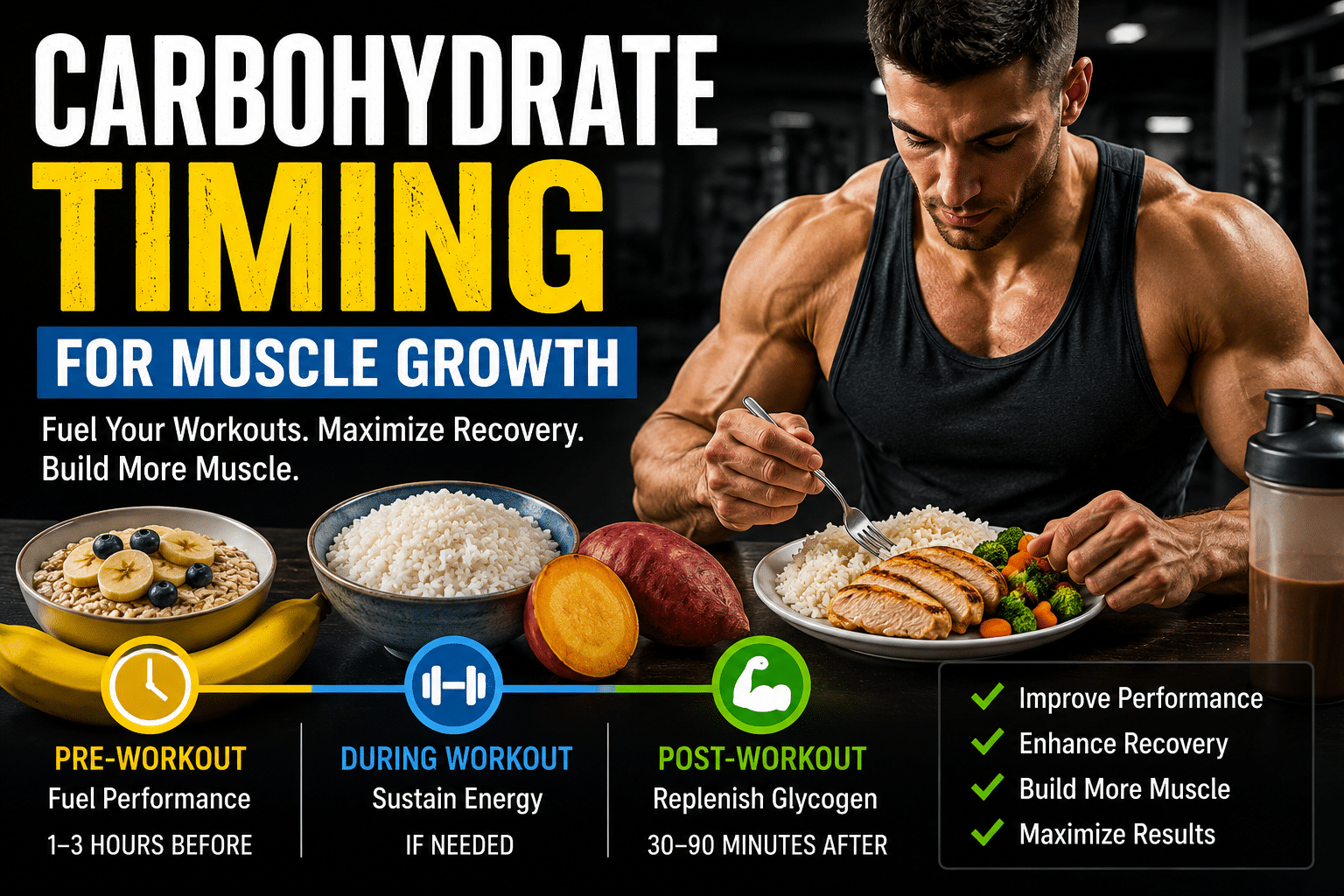Bodybuilder eating a high-carbohydrate meal with rice, oats, fruit, and lean protein illustrating carbohydrate timing for muscle growth before and after workouts.