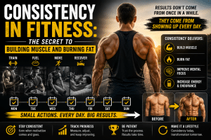 Muscular athlete standing confidently in a gym at sunrise, illustrating the power of consistency in fitness. The image features workout, nutrition, movement, and recovery icons, a weekly habit-tracking calendar, and a physique transformation from before to after. Motivational text emphasizes that building muscle, burning fat, improving focus, and increasing energy come from showing up every day and maintaining consistent healthy habits over time.