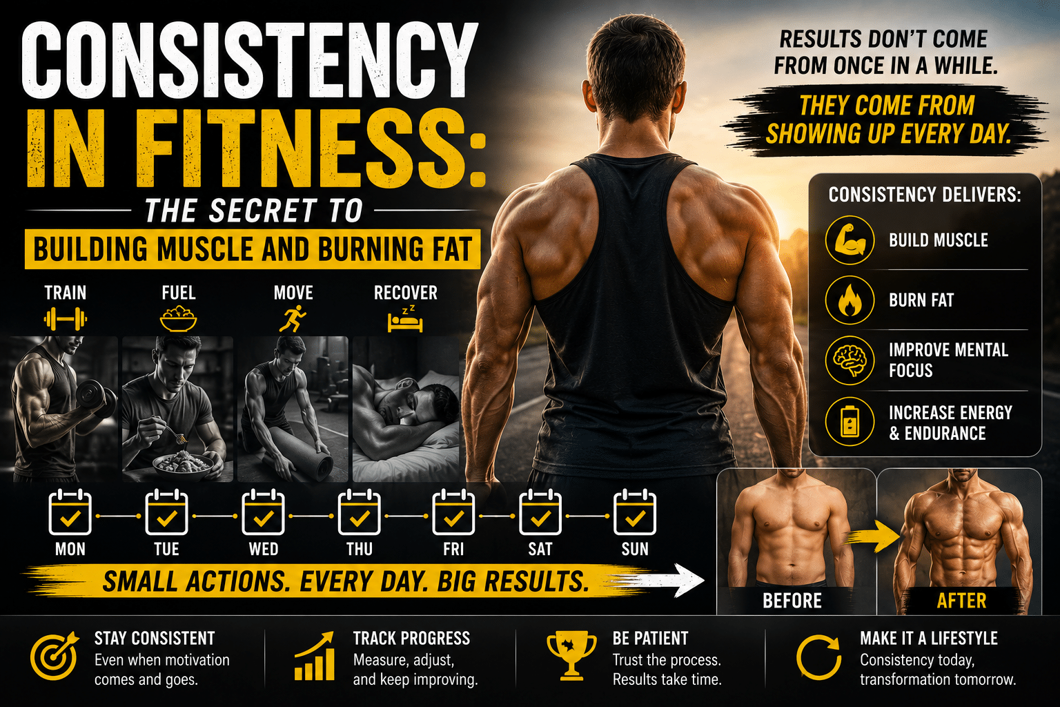 Muscular athlete standing confidently in a gym at sunrise, illustrating the power of consistency in fitness. The image features workout, nutrition, movement, and recovery icons, a weekly habit-tracking calendar, and a physique transformation from before to after. Motivational text emphasizes that building muscle, burning fat, improving focus, and increasing energy come from showing up every day and maintaining consistent healthy habits over time.