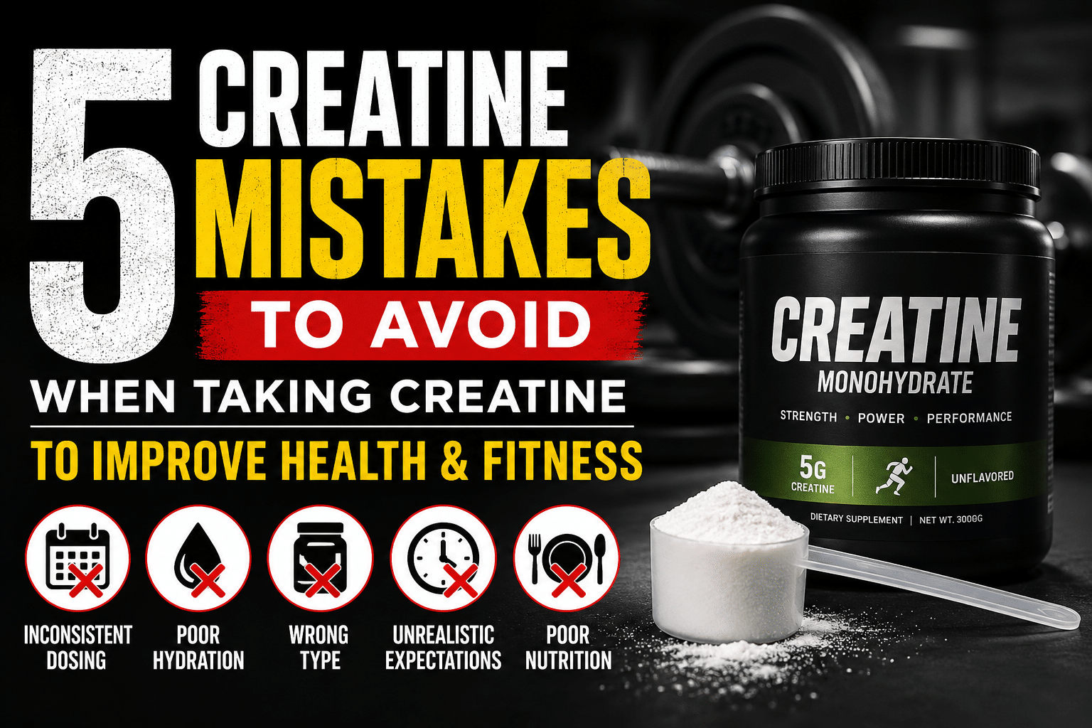 Featured image showing a container of creatine monohydrate and a scoop of creatine powder in a gym setting with bold text reading '5 Creatine Mistakes to Avoid When Taking Creatine to Improve Health & Fitness.' Icons highlight common mistakes including inconsistent dosing, poor hydration, choosing the wrong creatine type, unrealistic expectations, and poor nutrition.