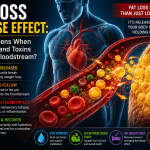 Medical-style illustration showing stored fat cells releasing fatty acids and toxins into the bloodstream during weight loss, with a detailed view of blood vessels, circulating particles, and the human circulatory system. The infographic explains the fat loss release effect, including fat breakdown, toxin release, temporary symptoms, hydration, nutrition, recovery, and exercise strategies to support healthy fat loss.