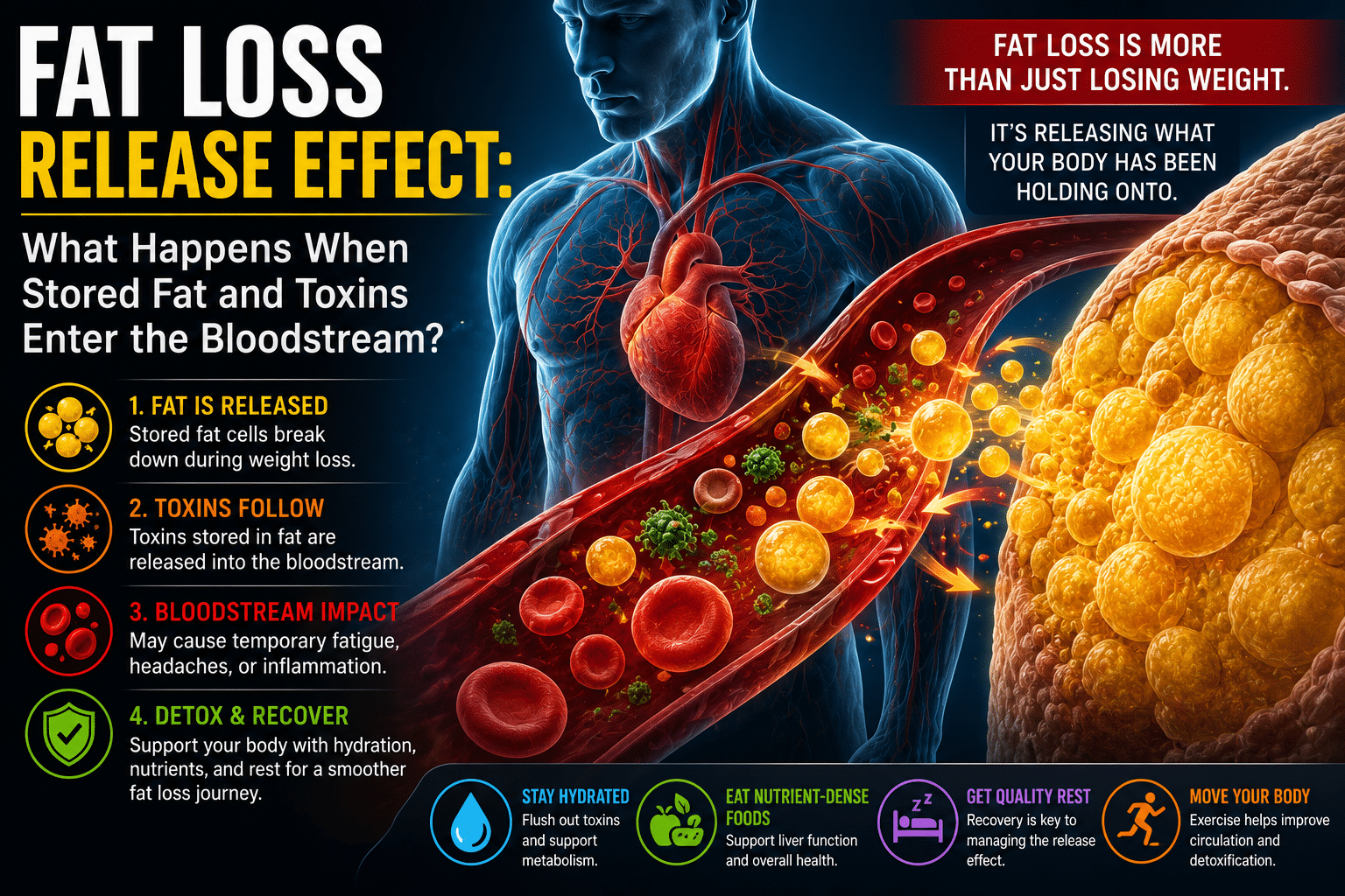 Medical-style illustration showing stored fat cells releasing fatty acids and toxins into the bloodstream during weight loss, with a detailed view of blood vessels, circulating particles, and the human circulatory system. The infographic explains the fat loss release effect, including fat breakdown, toxin release, temporary symptoms, hydration, nutrition, recovery, and exercise strategies to support healthy fat loss.