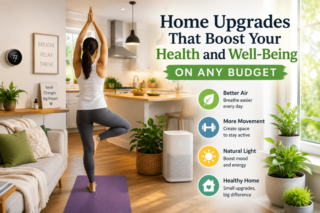 Woman practicing yoga in a bright, modern living room featuring health-focused home upgrades, including indoor plants, natural light, an air purifier, and smart home technology, illustrating affordable ways to improve health and well-being at home.