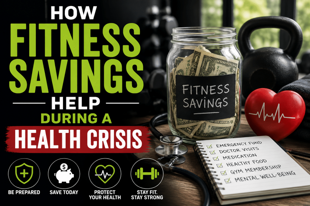 Fitness savings jar filled with cash alongside gym equipment, a heart health symbol, stethoscope, and emergency planning checklist illustrating how fitness savings help during a health crisis.