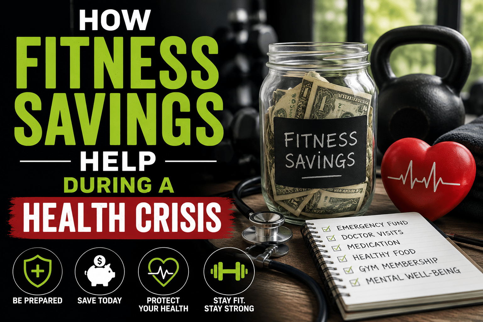 Fitness savings jar filled with cash alongside gym equipment, a heart health symbol, stethoscope, and emergency planning checklist illustrating how fitness savings help during a health crisis.