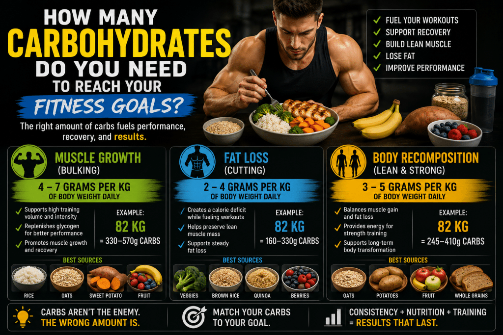Infographic showing how many carbohydrates to eat for muscle growth, fat loss, and body recomposition with healthy carbohydrate foods including rice, oats, sweet potatoes, fruit, and whole grains.