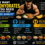 Infographic showing how many carbohydrates to eat for muscle growth, fat loss, and body recomposition with healthy carbohydrate foods including rice, oats, sweet potatoes, fruit, and whole grains.