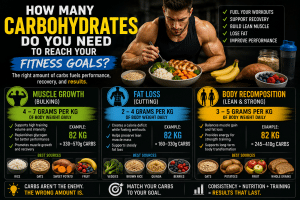 Infographic showing how many carbohydrates to eat for muscle growth, fat loss, and body recomposition with healthy carbohydrate foods including rice, oats, sweet potatoes, fruit, and whole grains.