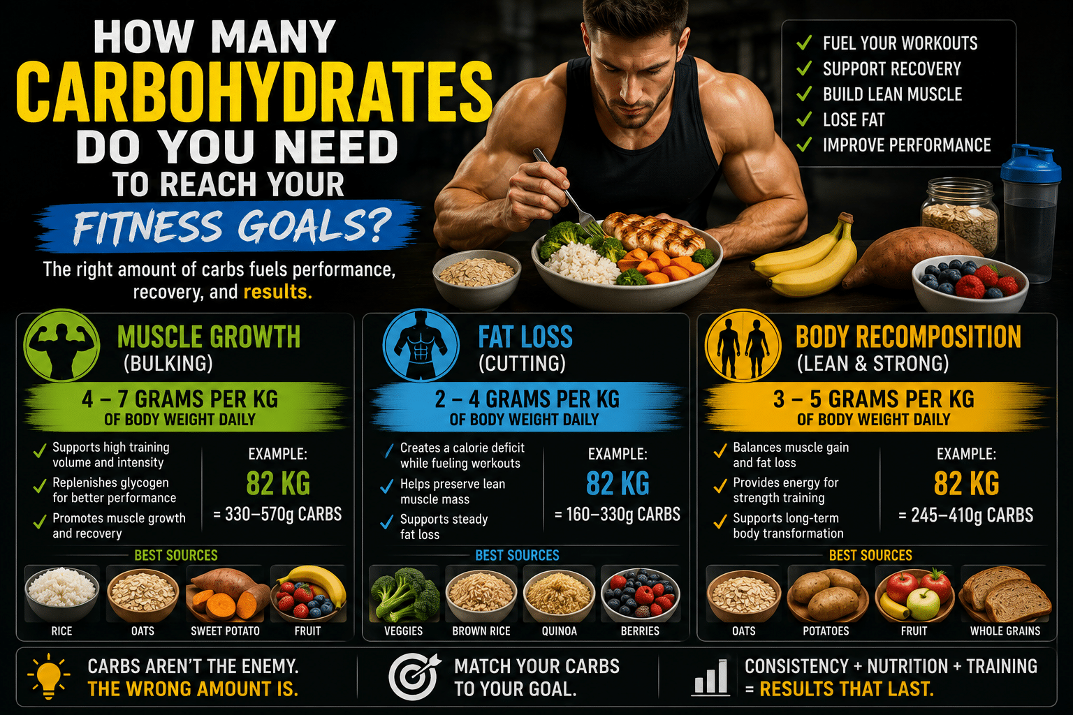 Infographic showing how many carbohydrates to eat for muscle growth, fat loss, and body recomposition with healthy carbohydrate foods including rice, oats, sweet potatoes, fruit, and whole grains.