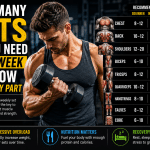 Muscular man performing a dumbbell curl in a gym beside a chart showing recommended weekly training sets for each muscle group, including chest, back, shoulders, arms, legs, calves, and core, to maximize muscle growth and hypertrophy.