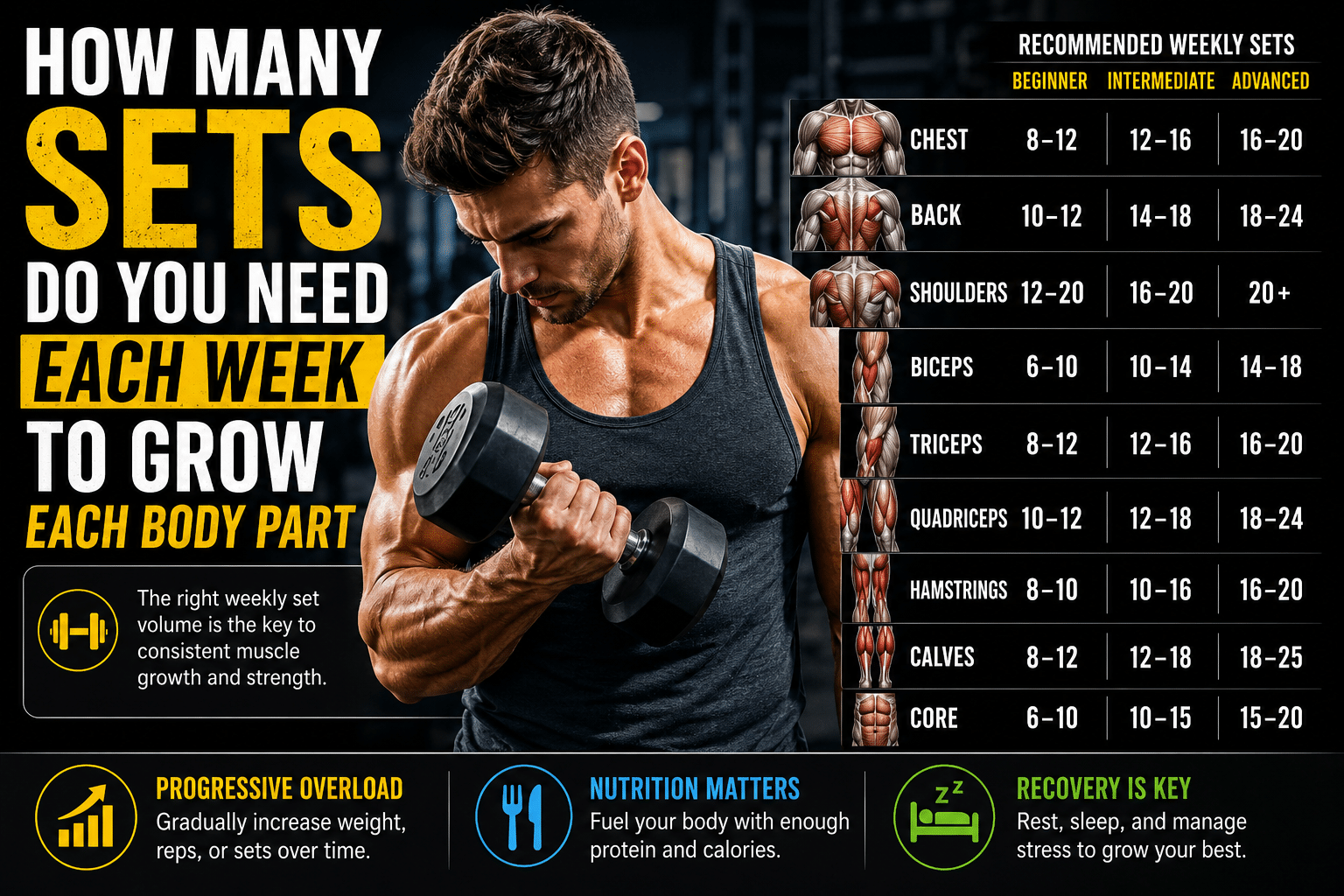 Muscular man performing a dumbbell curl in a gym beside a chart showing recommended weekly training sets for each muscle group, including chest, back, shoulders, arms, legs, calves, and core, to maximize muscle growth and hypertrophy.