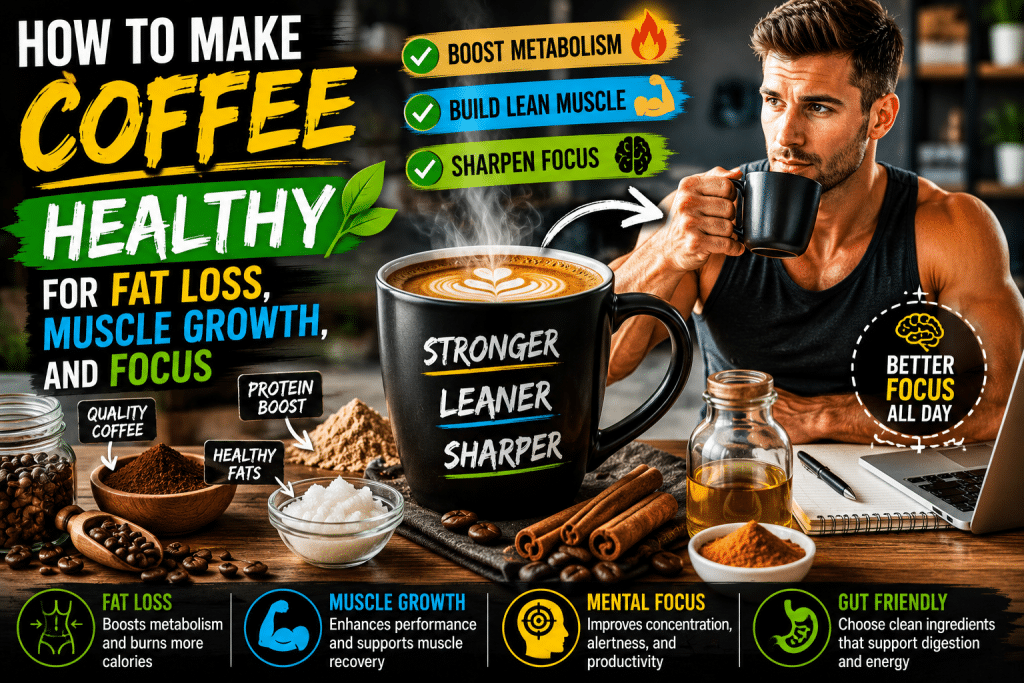 Healthy coffee infographic featuring a steaming cup of coffee surrounded by protein powder, cinnamon, healthy fats, and coffee beans, alongside a fit man drinking coffee. The image highlights how to make coffee healthier for fat loss, muscle growth, and mental focus by using quality coffee, adding protein, incorporating healthy fats, and avoiding added sugar. Benefits include boosted metabolism, improved muscle recovery, enhanced concentration, and sustained energy throughout the day.