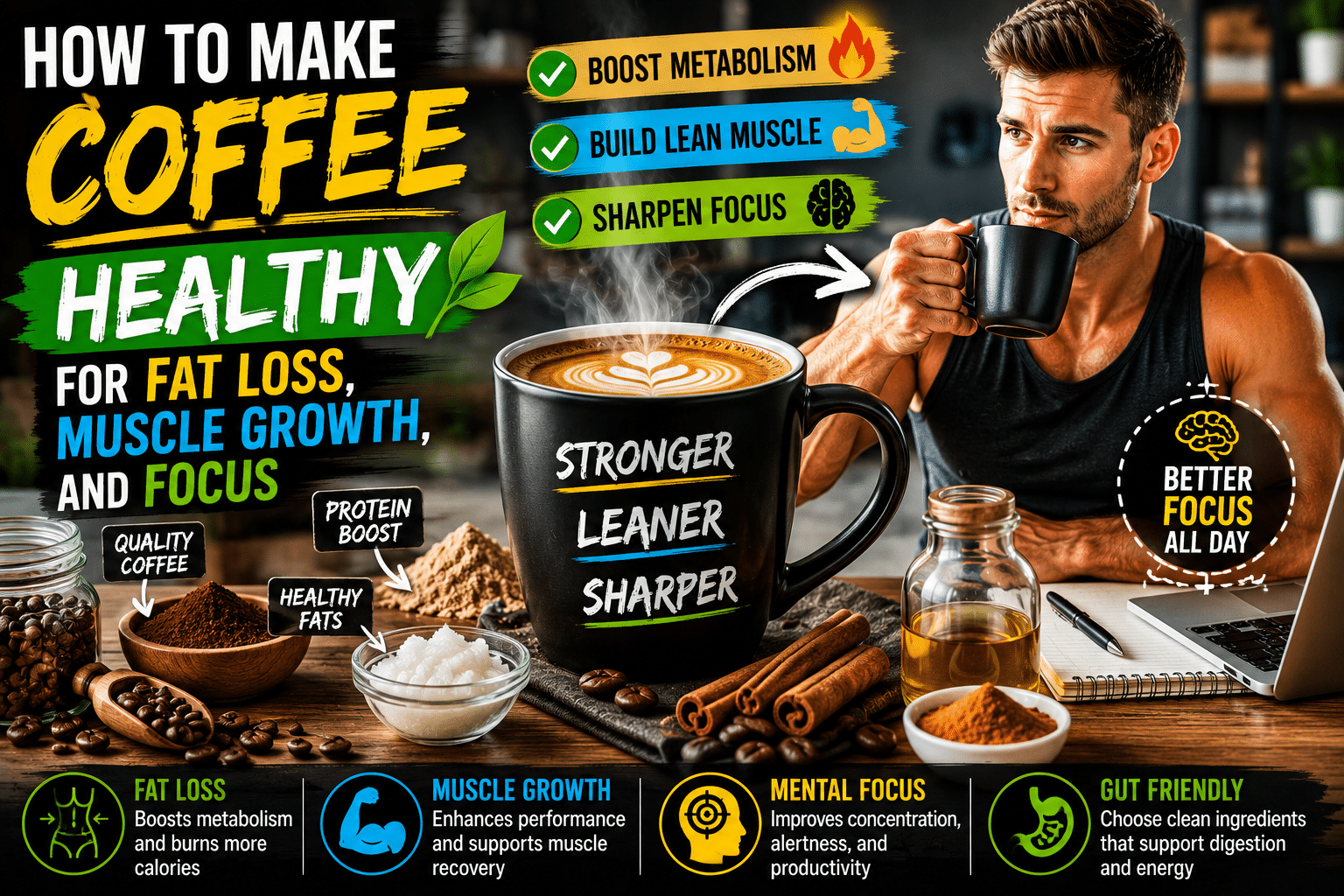 Healthy coffee infographic featuring a steaming cup of coffee surrounded by protein powder, cinnamon, healthy fats, and coffee beans, alongside a fit man drinking coffee. The image highlights how to make coffee healthier for fat loss, muscle growth, and mental focus by using quality coffee, adding protein, incorporating healthy fats, and avoiding added sugar. Benefits include boosted metabolism, improved muscle recovery, enhanced concentration, and sustained energy throughout the day.