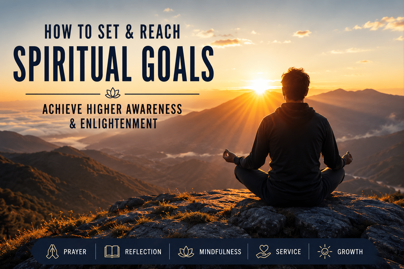 How to set and reach spiritual goals for higher awareness and enlightenment with meditation, prayer, mindfulness, reflection, and personal growth at sunrise.