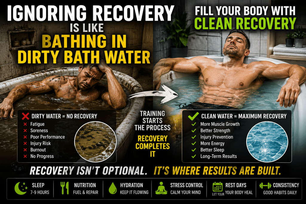 Ignoring muscle recovery is like bathing in dirty bath water illustration comparing poor recovery with proper recovery through sleep, nutrition, hydration, and rest for muscle growth.