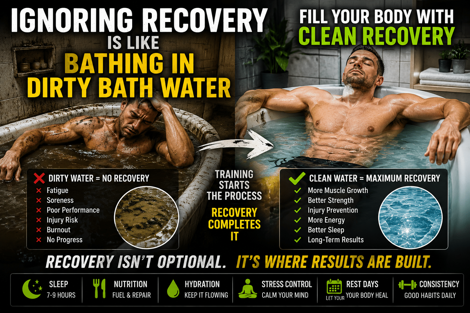 Ignoring muscle recovery is like bathing in dirty bath water illustration comparing poor recovery with proper recovery through sleep, nutrition, hydration, and rest for muscle growth.
