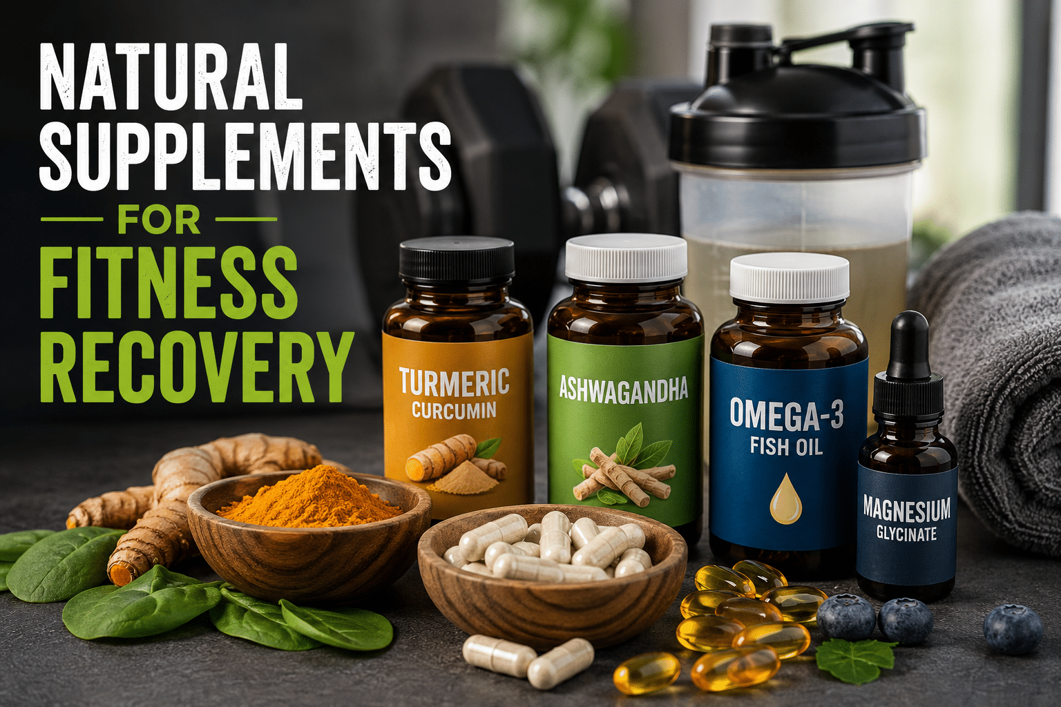 Natural supplements for fitness recovery including turmeric curcumin, ashwagandha, omega-3 fish oil, and magnesium displayed with gym equipment and recovery essentials.