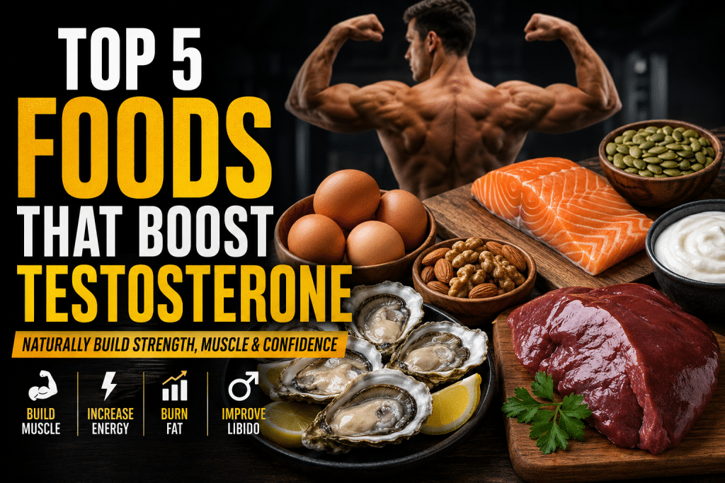 Top 5 foods that boost testosterone naturally including oysters, beef liver, salmon, eggs, pumpkin seeds, nuts, and yogurt displayed beside a muscular bodybuilder. Image highlights foods rich in zinc, vitamin D, healthy fats, and protein that support testosterone production, muscle growth, strength, energy, fat loss, and overall men's health.