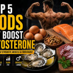 Top 5 foods that boost testosterone naturally including oysters, beef liver, salmon, eggs, pumpkin seeds, nuts, and yogurt displayed beside a muscular bodybuilder. Image highlights foods rich in zinc, vitamin D, healthy fats, and protein that support testosterone production, muscle growth, strength, energy, fat loss, and overall men's health.